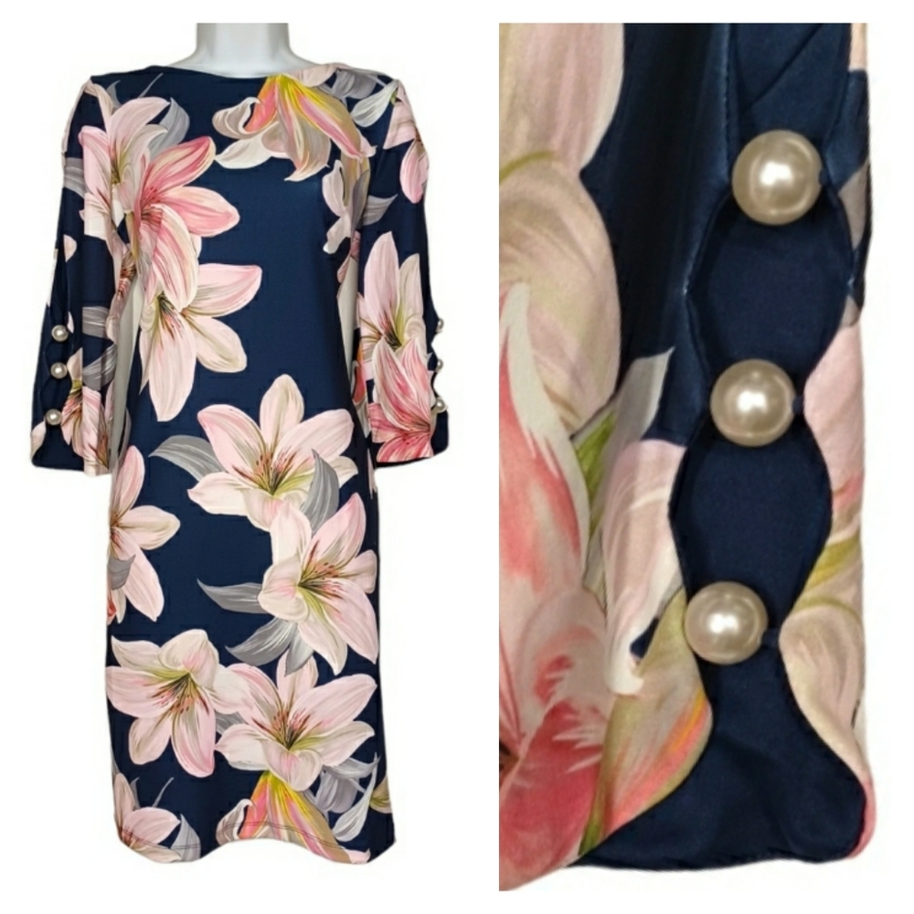 SHELBY & PALMER Navy Blue with Pink Floral Pearl Sleeve Medium (10) Dress  NWT